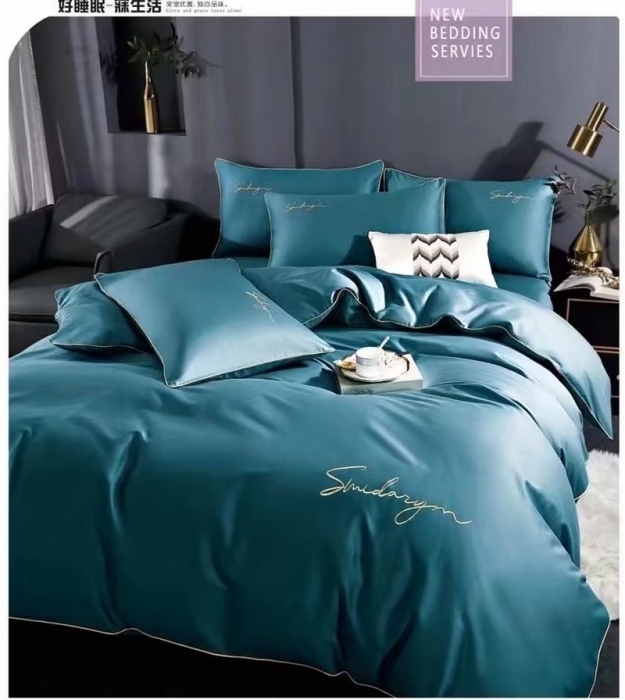 91家纺网 家纺一手货源 找家纺 U品汇 【假一赔十】正宗60支长绒棉纯色刺绣花纯棉全棉四件套 浅石兰