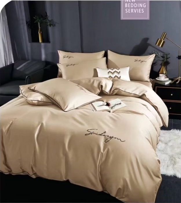 91家纺网 家纺一手货源 找家纺 U品汇 【假一赔十】正宗60支长绒棉纯色刺绣花纯棉全棉四件套 浅香槟