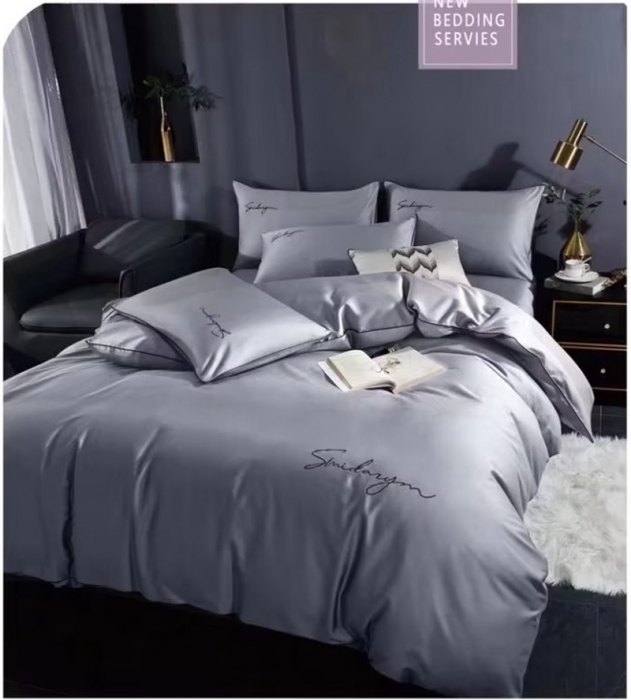 91家纺网 家纺一手货源 找家纺 U品汇 【假一赔十】正宗60支长绒棉纯色刺绣花纯棉全棉四件套 午夜灰