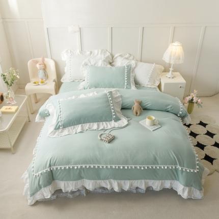 91家纺网 家纺一手货源 找家纺 2023新款双层法式花边公主风系列床裙款四件套 克拉恋人-青石绿