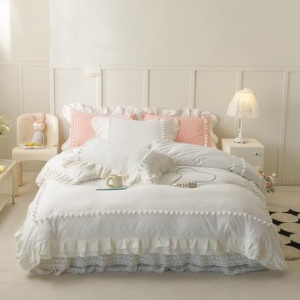 91家纺网 家纺一手货源 找家纺 2023新款双层法式花边公主风系列床裙款四件套 克拉恋人-珍珠白