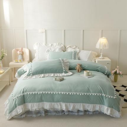 2023新款双层法式花边公主风系列床裙款四件套 克拉恋人-青石绿