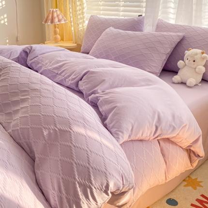 凯洛奇 2023新款直播供货菱形泡泡纱水洗棉四件套床笠床单套件 优雅紫