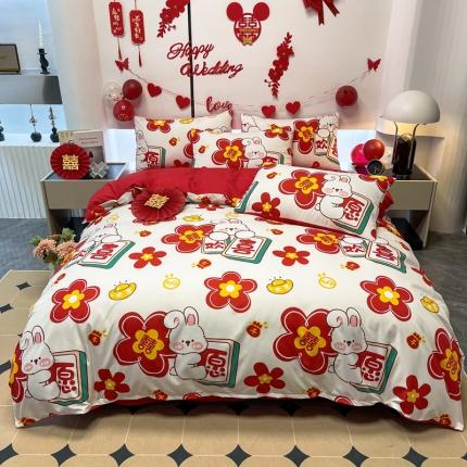 91家纺网 家纺一手货源 找家纺 （总）宏源 2022年新款大红时尚磨毛婚庆四件套