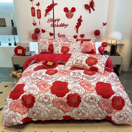 91家纺网 家纺一手货源 找家纺 （总）宏源 2022年新款大红时尚磨毛婚庆四件套