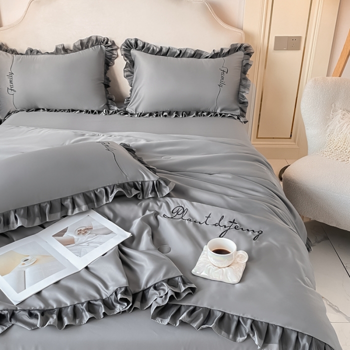 91家纺网 家纺一手货源 找家纺 绣女坊 2023新款花边夏被四件套 灰色