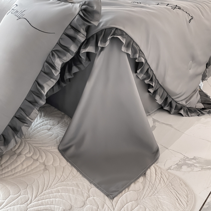 91家纺网 家纺一手货源 找家纺 绣女坊 2023新款花边夏被四件套 灰色