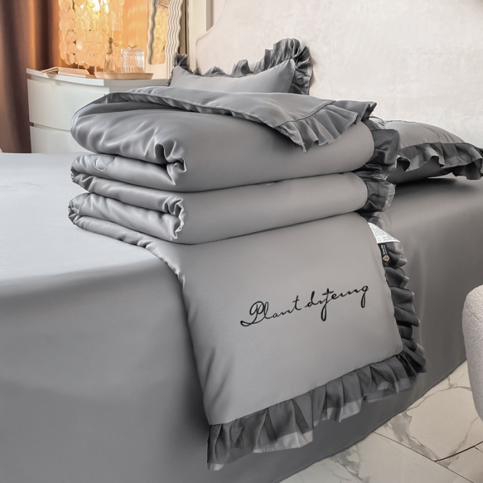 91家纺网 家纺一手货源 找家纺 绣女坊 2023新款花边夏被四件套 灰色