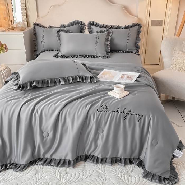 91家纺网 家纺一手货源 找家纺 绣女坊 2023新款花边夏被四件套 灰色