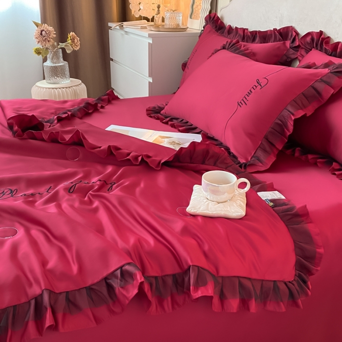 91家纺网 家纺一手货源 找家纺 绣女坊 2023新款花边夏被四件套 酒红