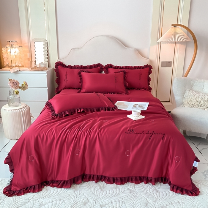 91家纺网 家纺一手货源 找家纺 绣女坊 2023新款花边夏被四件套 酒红