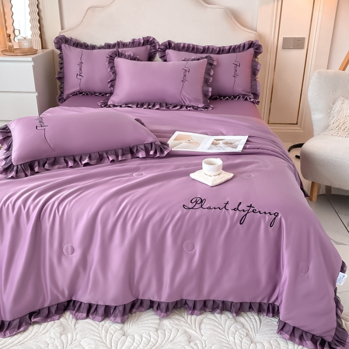 91家纺网 家纺一手货源 找家纺 绣女坊 2023新款花边夏被四件套 紫色