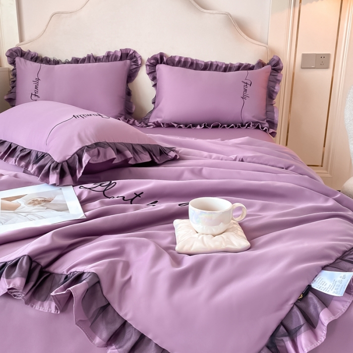 91家纺网 家纺一手货源 找家纺 绣女坊 2023新款花边夏被四件套 紫色