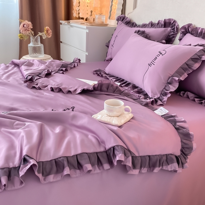 91家纺网 家纺一手货源 找家纺 绣女坊 2023新款花边夏被四件套 紫色