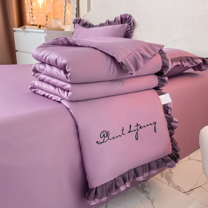 91家纺网 家纺一手货源 找家纺 绣女坊 2023新款花边夏被四件套 紫色