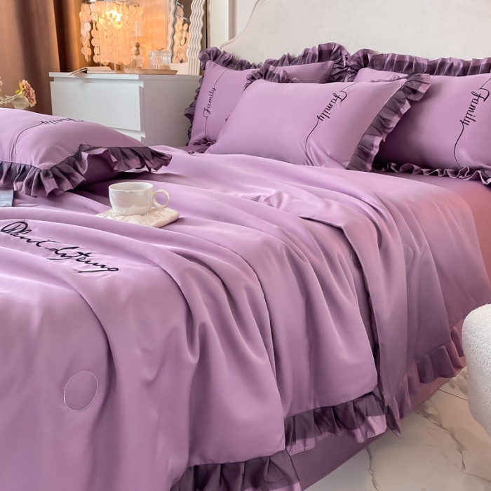 91家纺网 家纺一手货源 找家纺 绣女坊 2023新款花边夏被四件套 紫色