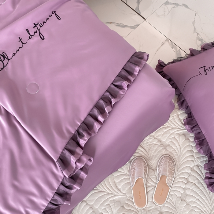 91家纺网 家纺一手货源 找家纺 绣女坊 2023新款花边夏被四件套 紫色