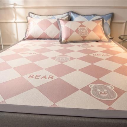 2024新品1500D数码印花冰丝席千鸟格床单款凉席 小熊维尼粉