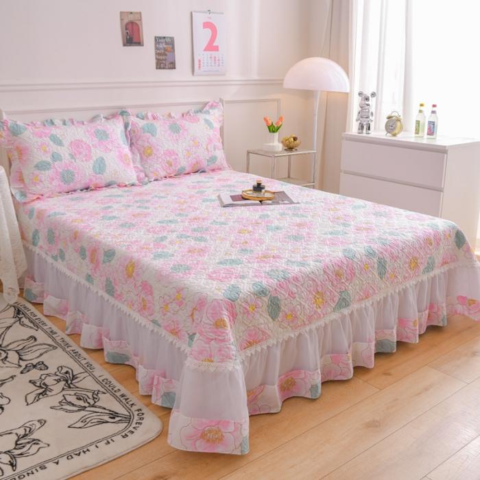 91家纺网 家纺一手货源 找家纺 2023公主风全棉花边床盖四件套 欧根纱床盖款夹棉纯棉三件套直播推荐 那时花开-粉