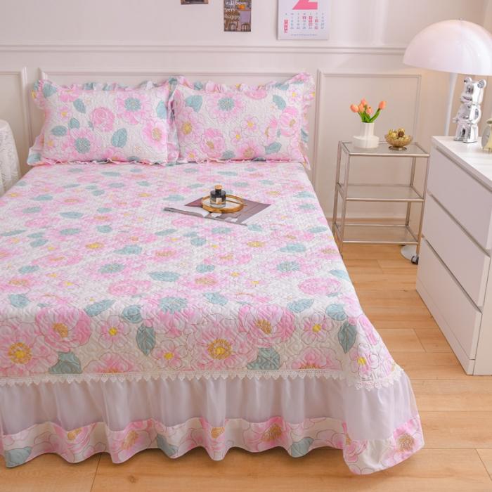 91家纺网 家纺一手货源 找家纺 2023公主风全棉花边床盖四件套 欧根纱床盖款夹棉纯棉三件套直播推荐 那时花开-粉