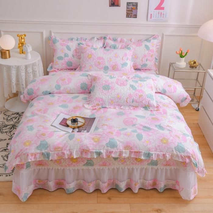 91家纺网 家纺一手货源 找家纺 2023公主风全棉花边床盖四件套 欧根纱床盖款夹棉纯棉三件套直播推荐 那时花开-粉