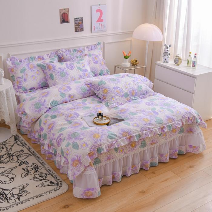 91家纺网 家纺一手货源 找家纺 2023公主风全棉花边床盖四件套 欧根纱床盖款夹棉纯棉三件套直播推荐 那时花开-紫