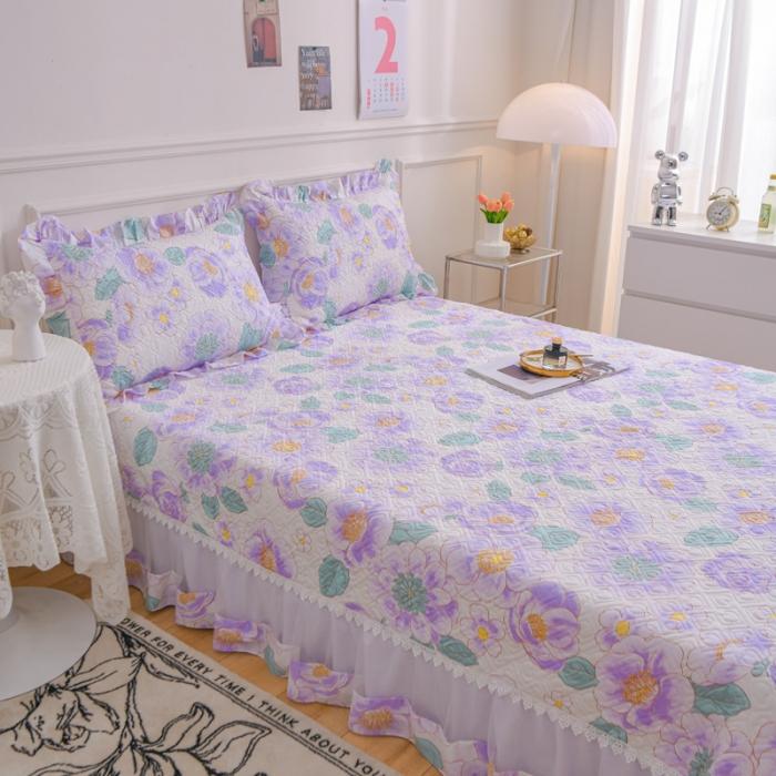 91家纺网 家纺一手货源 找家纺 2023公主风全棉花边床盖四件套 欧根纱床盖款夹棉纯棉三件套直播推荐 那时花开-紫