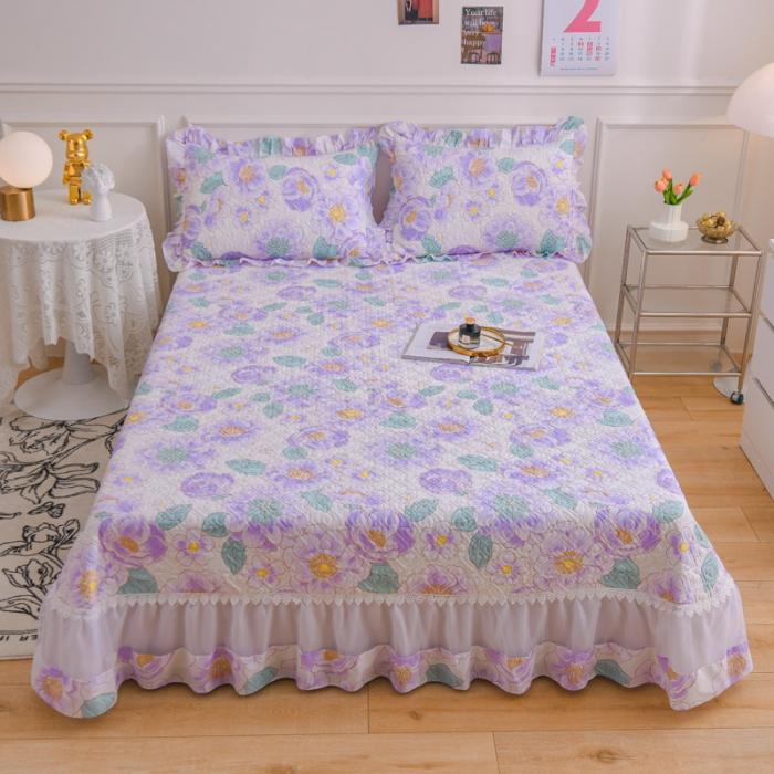 91家纺网 家纺一手货源 找家纺 2023公主风全棉花边床盖四件套 欧根纱床盖款夹棉纯棉三件套直播推荐 那时花开-紫