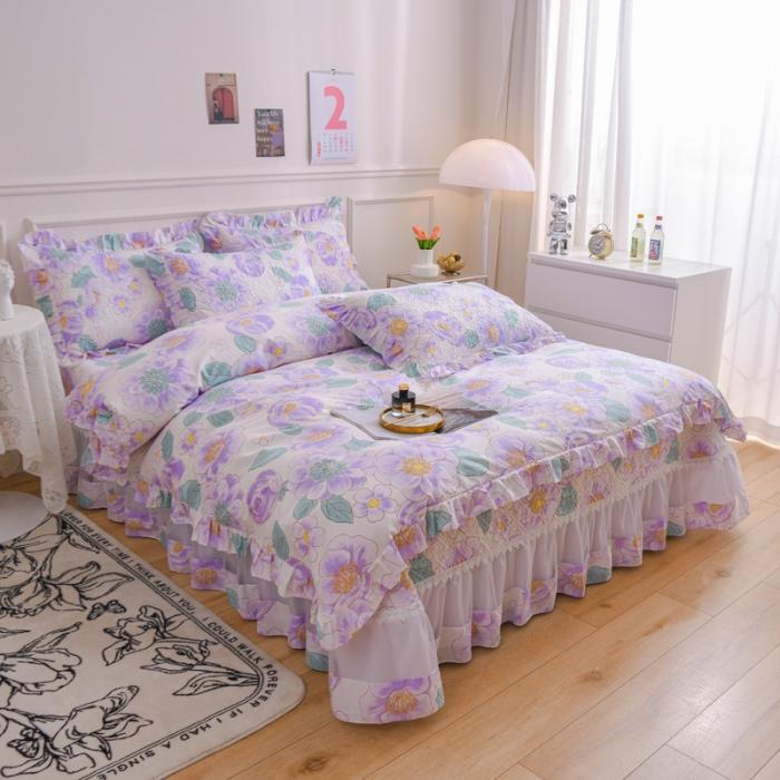 91家纺网 家纺一手货源 找家纺 2023公主风全棉花边床盖四件套 欧根纱床盖款夹棉纯棉三件套直播推荐 那时花开-紫