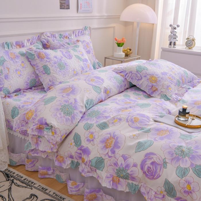91家纺网 家纺一手货源 找家纺 2023公主风全棉花边床盖四件套 欧根纱床盖款夹棉纯棉三件套直播推荐 那时花开-紫