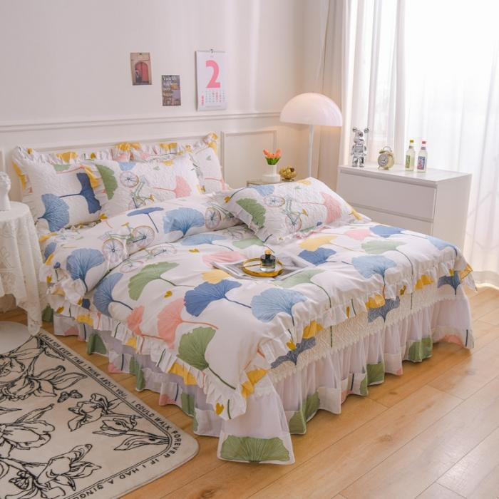 91家纺网 家纺一手货源 找家纺 2023公主风全棉花边床盖四件套 欧根纱床盖款夹棉纯棉三件套直播推荐 浪漫单车