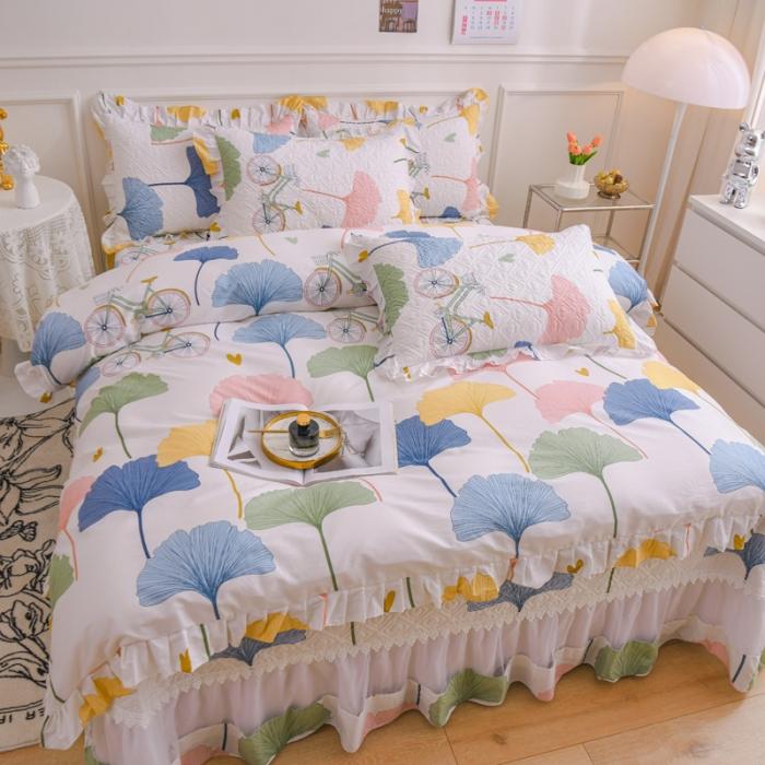91家纺网 家纺一手货源 找家纺 2023公主风全棉花边床盖四件套 欧根纱床盖款夹棉纯棉三件套直播推荐 浪漫单车