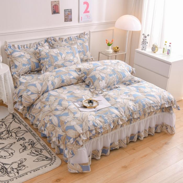 91家纺网 家纺一手货源 找家纺 2023公主风全棉花边床盖四件套 欧根纱床盖款夹棉纯棉三件套直播推荐 水墨江南