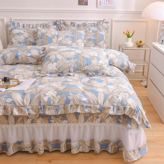 91家纺网 家纺一手货源 找家纺 2023公主风全棉花边床盖四件套 欧根纱床盖款夹棉纯棉三件套直播推荐 水墨江南