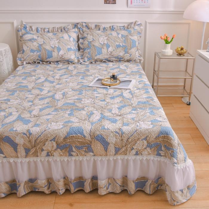 91家纺网 家纺一手货源 找家纺 2023公主风全棉花边床盖四件套 欧根纱床盖款夹棉纯棉三件套直播推荐 水墨江南