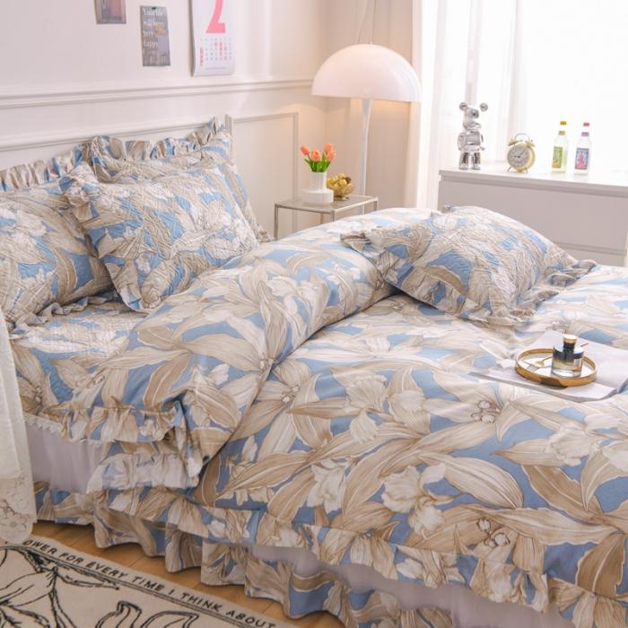 91家纺网 家纺一手货源 找家纺 2023公主风全棉花边床盖四件套 欧根纱床盖款夹棉纯棉三件套直播推荐 水墨江南