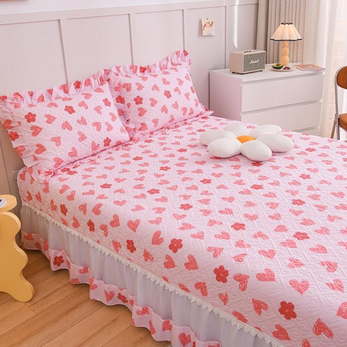 91家纺网 家纺一手货源 找家纺 2023公主风全棉花边床盖四件套 欧根纱床盖款夹棉纯棉三件套直播推荐 心心相印