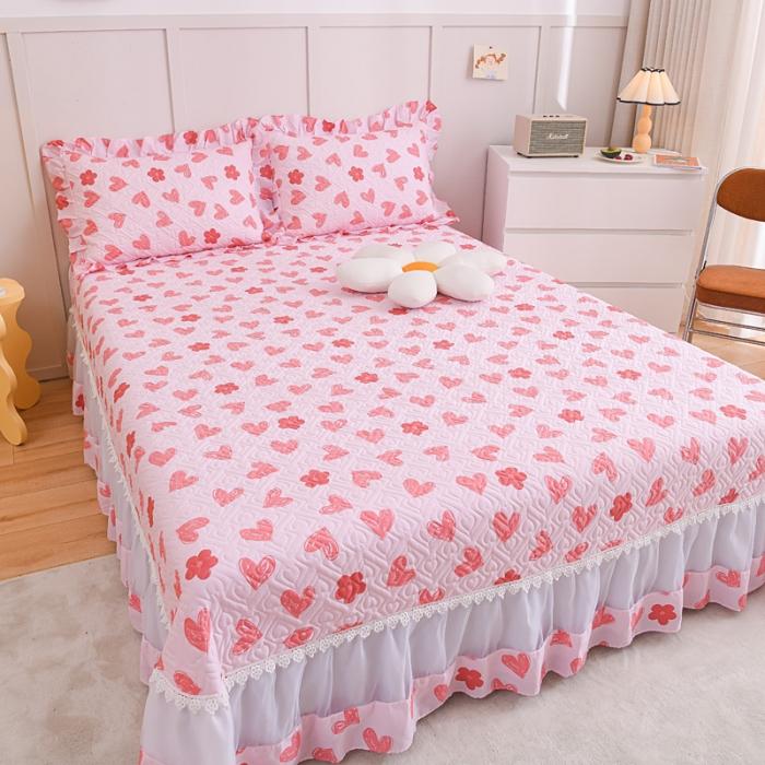 91家纺网 家纺一手货源 找家纺 2023公主风全棉花边床盖四件套 欧根纱床盖款夹棉纯棉三件套直播推荐 心心相印