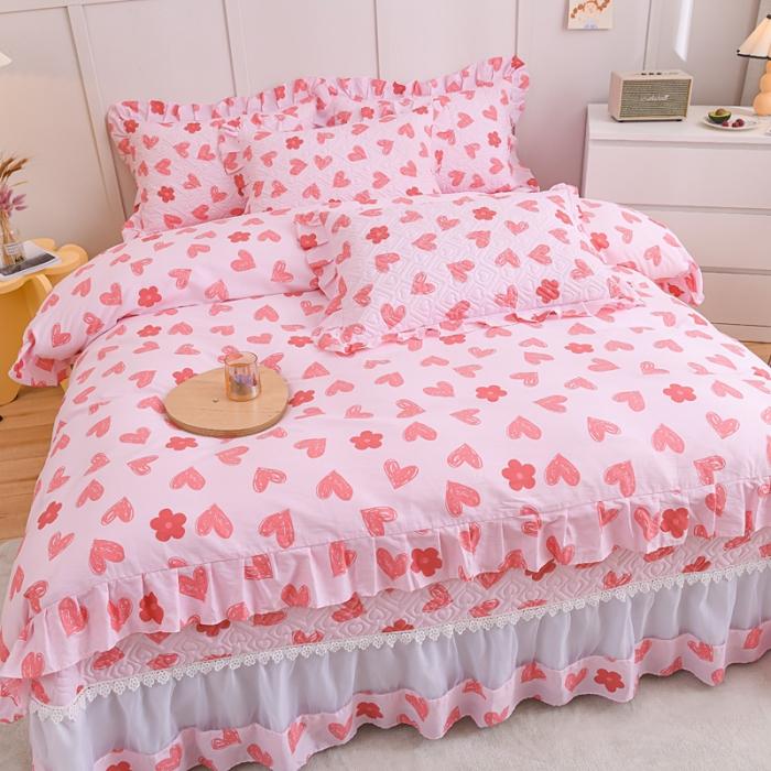 91家纺网 家纺一手货源 找家纺 2023公主风全棉花边床盖四件套 欧根纱床盖款夹棉纯棉三件套直播推荐 心心相印