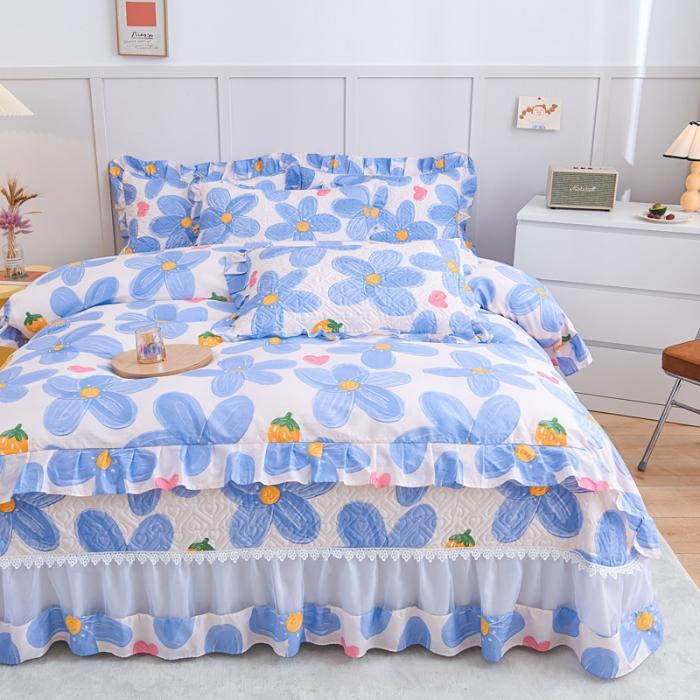 91家纺网 家纺一手货源 找家纺 2023公主风全棉花边床盖四件套 欧根纱床盖款夹棉纯棉三件套直播推荐 蓝色花海