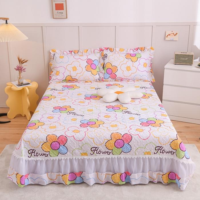 91家纺网 家纺一手货源 找家纺 2023公主风全棉花边床盖四件套 欧根纱床盖款夹棉纯棉三件套直播推荐 七色花