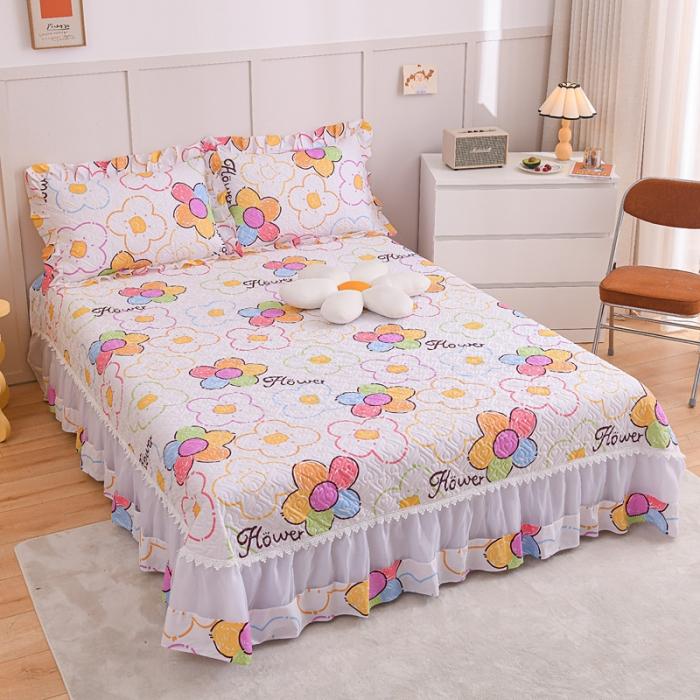 91家纺网 家纺一手货源 找家纺 2023公主风全棉花边床盖四件套 欧根纱床盖款夹棉纯棉三件套直播推荐 七色花