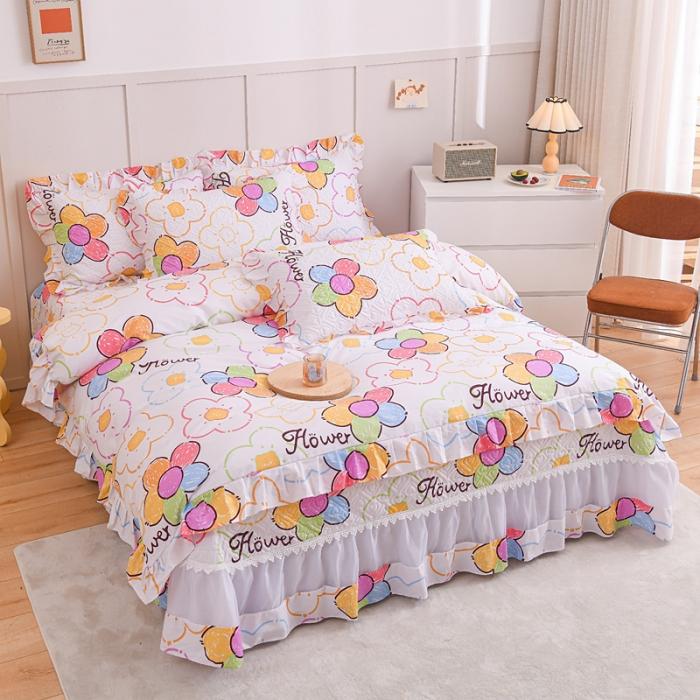 91家纺网 家纺一手货源 找家纺 2023公主风全棉花边床盖四件套 欧根纱床盖款夹棉纯棉三件套直播推荐 七色花