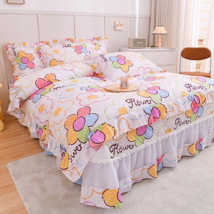 91家纺网 家纺一手货源 找家纺 2023公主风全棉花边床盖四件套 欧根纱床盖款夹棉纯棉三件套直播推荐 七色花