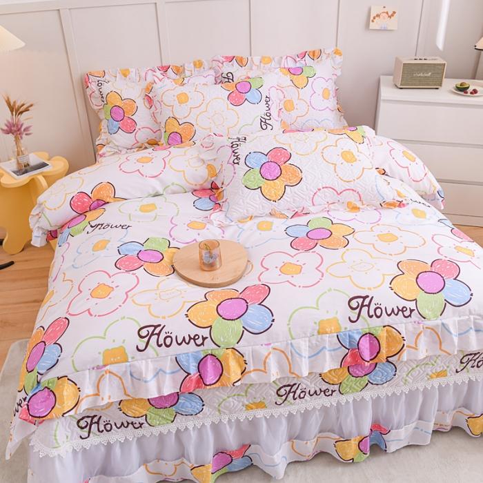 91家纺网 家纺一手货源 找家纺 2023公主风全棉花边床盖四件套 欧根纱床盖款夹棉纯棉三件套直播推荐 七色花