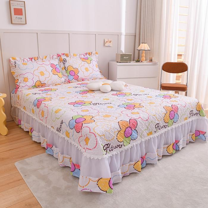 91家纺网 家纺一手货源 找家纺 2023公主风全棉花边床盖四件套 欧根纱床盖款夹棉纯棉三件套直播推荐 七色花