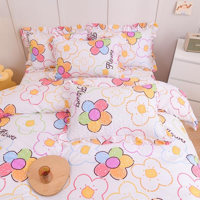 91家纺网 家纺一手货源 找家纺 2023公主风全棉花边床盖四件套 欧根纱床盖款夹棉纯棉三件套直播推荐 七色花