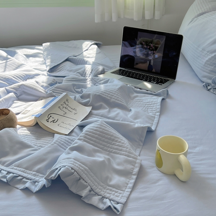 91家纺网 家纺一手货源 找家纺 六巷胡同 2023新款博主同款水洗纱夏被四件套-风格二 海盐蓝