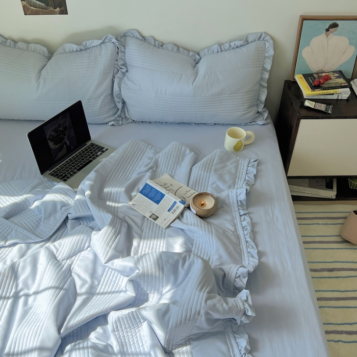 91家纺网 家纺一手货源 找家纺 六巷胡同 2023新款博主同款水洗纱夏被四件套-风格二 海盐蓝