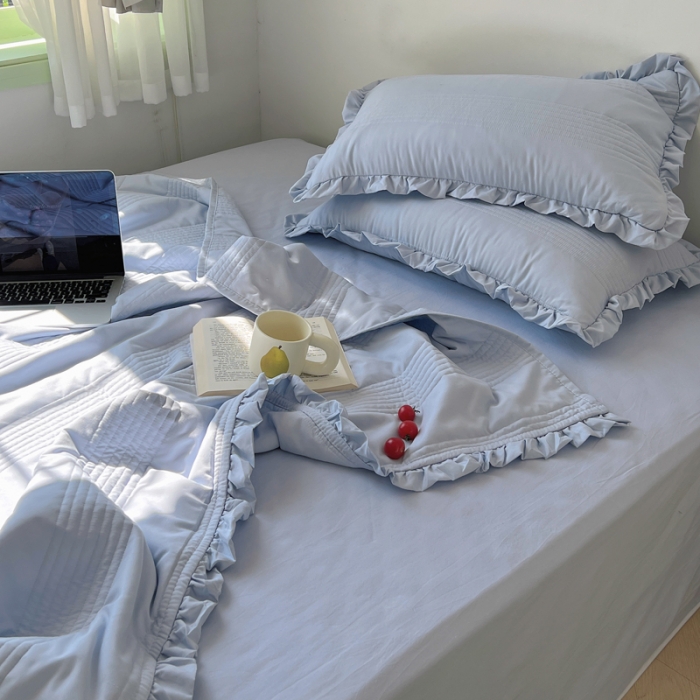91家纺网 家纺一手货源 找家纺 六巷胡同 2023新款博主同款水洗纱夏被四件套-风格二 海盐蓝